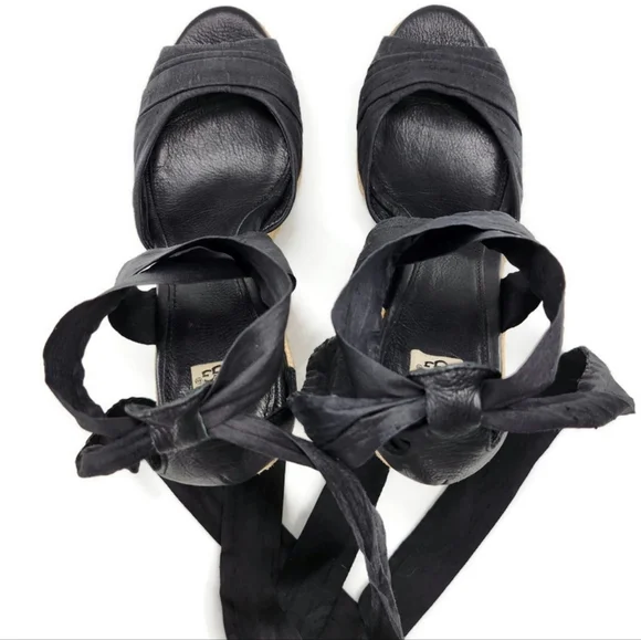 UGG Lucianna Black Ribbon Ankle Wrap Tie Peep-Toe Braid Jute Wedge Heel Sandals - Picture 6 of 11